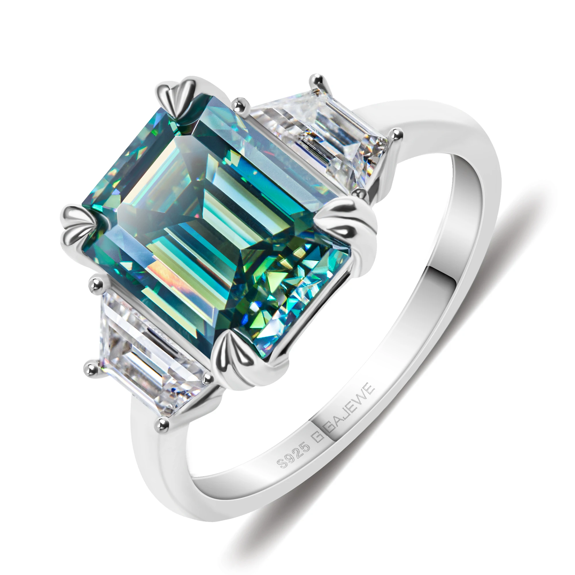 Moissanite Emerald Cut Natural Cyan 8X10mm 4.0ct S925 Silver Ring Diamond