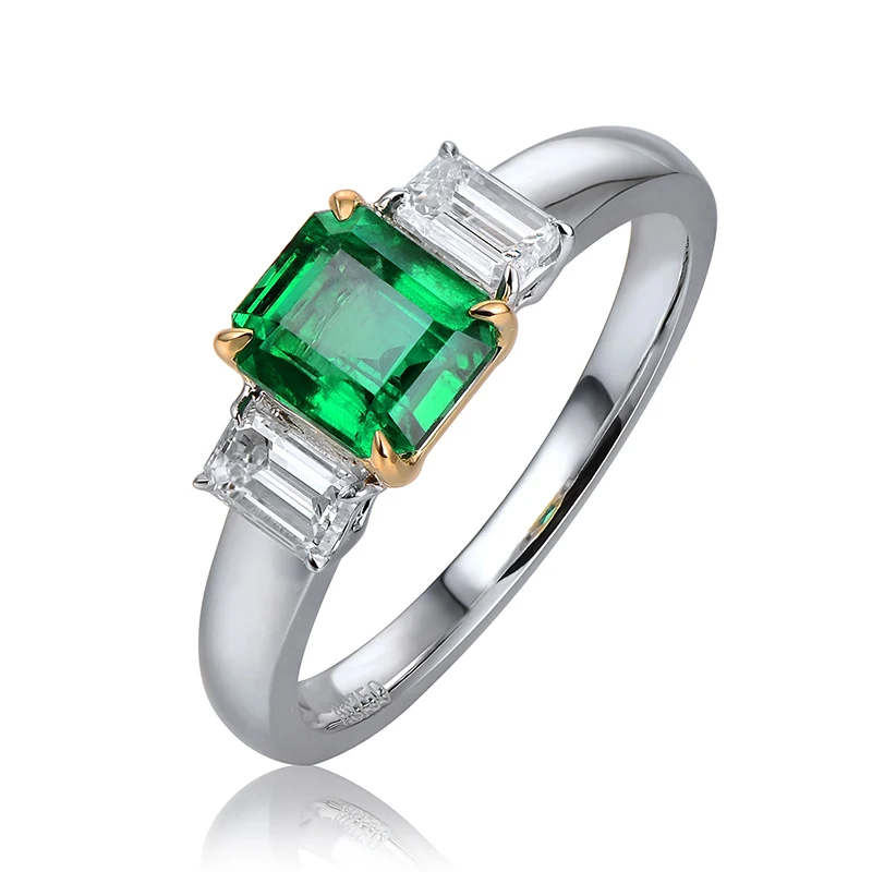 1.05ct Natural Emerald 0.42ct Baguette Cut Diamond 18K White and Yellow Gold Engagement Wedding Ring Unisex
