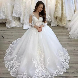 Plus Size V Neck Long Sleeves Court Train Wedding Dress Court Train Bridal Gown