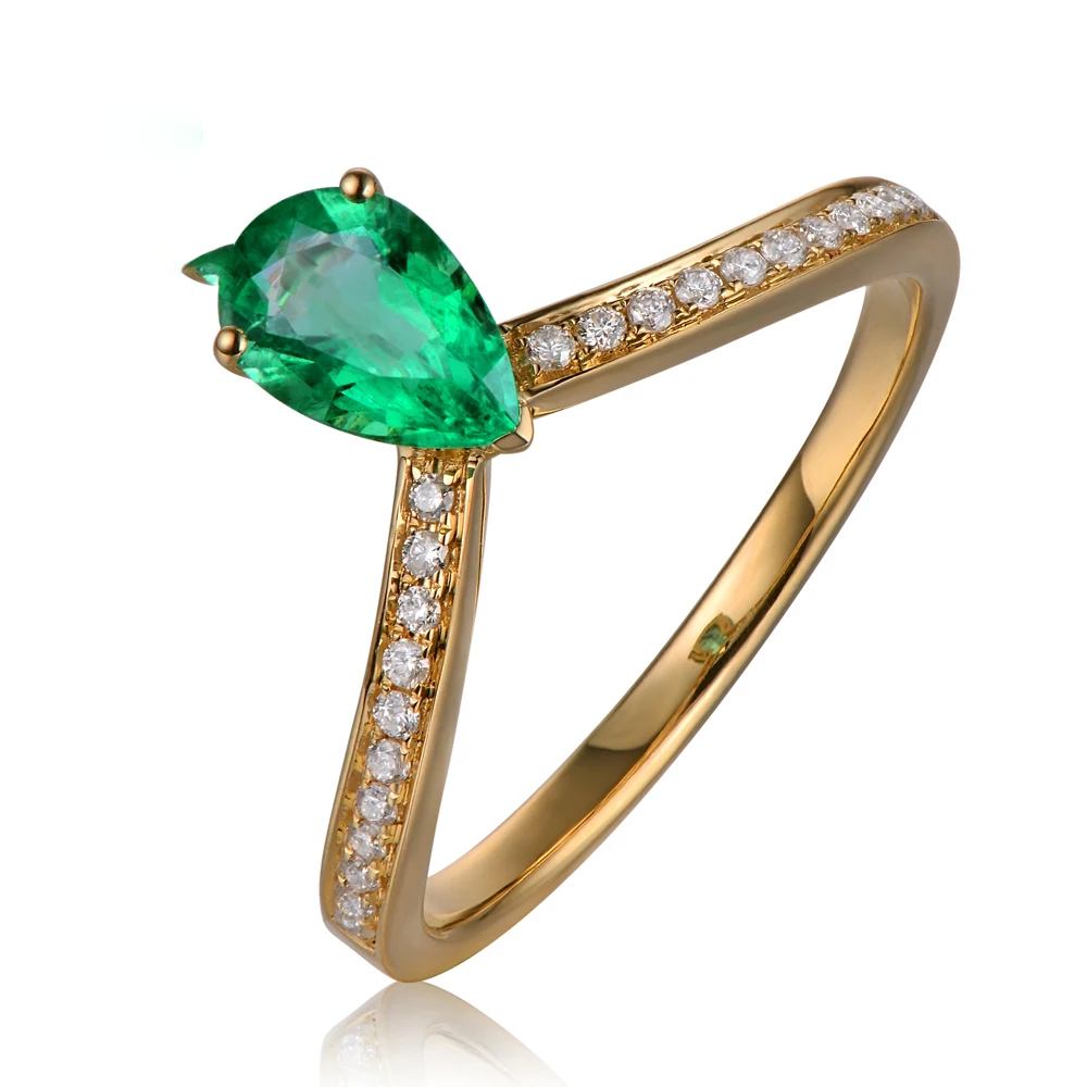14k Yellow Gold 0.59ct Natural Emerald and 0.11ct Diamond Engagement Ring