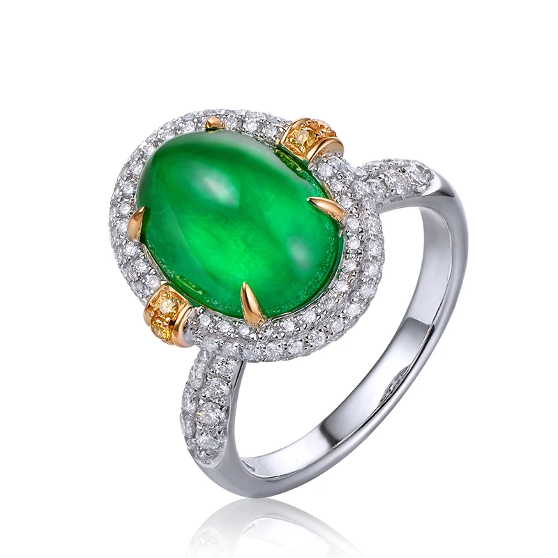 Graceful Cabochon 4.3ct Natural Emerald 18K Gold Engagement Diamond Ring