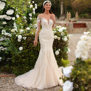 Detachable Train Mermaid Lace Wedding Dresses Scoop Neck Full Sleeves Beaded Bridal Dress