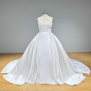 Light Effect Satin Off-Shoulder Ball Gown Wedding Dress with Pearls and Pleated Bodice