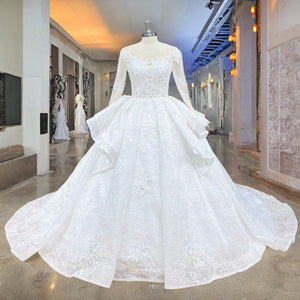 Beaded Lace Ball Gown Wedding Dress with Long Sleeves Vintage Bridal Gown