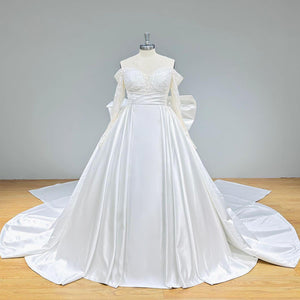 Light Effect Satin Wedding Dress with Chapel Train and Detachable Big Bow