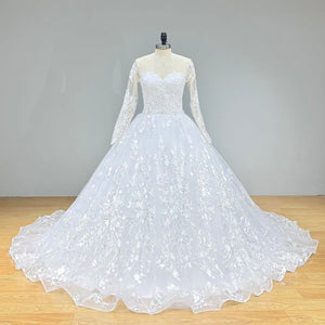 Long Sleeve Ball Gown Wedding Dress with Crystal Beading Belt and Cut-out Back