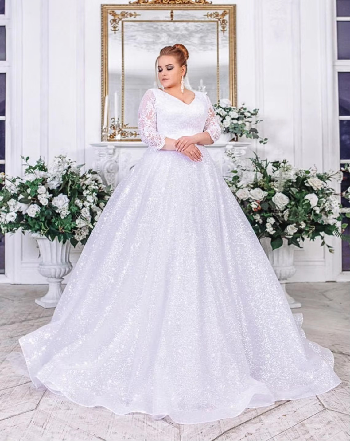 Plus Size Sparkly 3/4 Sleeve V Neck Ball Gown Wedding Dress for Women 2024