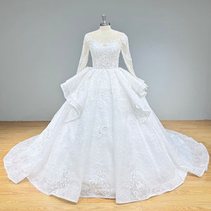 Beaded Lace Ball Gown Wedding Dress with Long Sleeves Vintage Bridal Gown