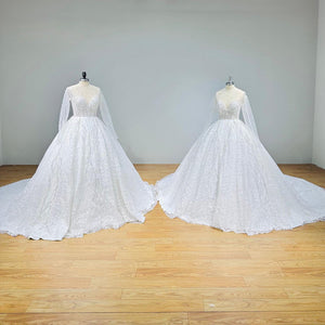 Crystal Beaded Shining Ball Gown Wedding Dress with Long Sleeves and Illusion Back