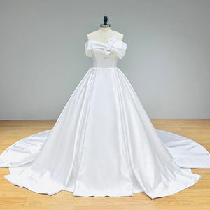 Luxury Satin Ball Gown Wedding Dress with Lace Up Back and V-Neck