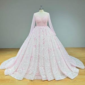 Crystal Beaded Ball Gown Wedding Dress with Handmade Flowers Long Sleeve