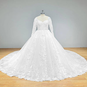 Hire Lnyer Long Sleeve Beaded Ball Gown Wedding Dress with Train