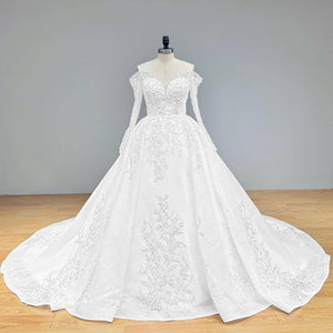 Off Shoulder Ball Gown Wedding Dress with Beading Pearls Long Sleeve Shiny Gelinlik