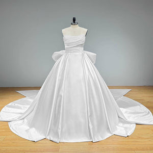 Light Effect Satin Ball Gown with Big Bow Chapel Train Pearls and Pleated Top