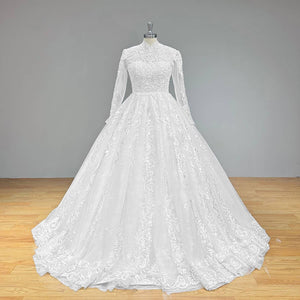 New Beaded Pearls Long Sleeve Ball Gown Wedding Dress High Neck Luxury