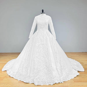 Hire Lnyer High Neck Beaded Long Sleeve Princess Ball Gown Wedding Dress