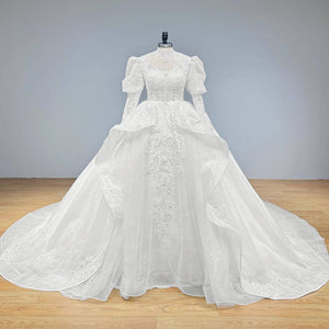 Hire Lnyer High Neck Puff Sleeve Beaded Lace Ball Gown Wedding Dress