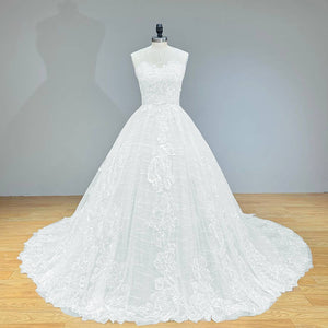 Vintage Off Shoulder Sequined Appliques Lace Up Back Wedding Dress