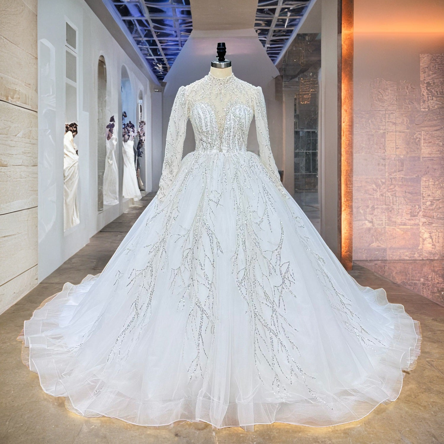 Shining High Neck Long Sleeve Backless Luxury Wedding Dress for Brides with Elegant Design