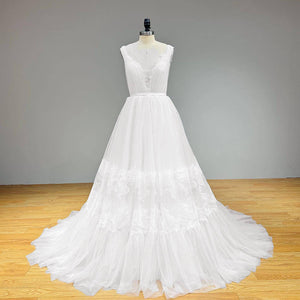 Elegant V-Neck Off the Shoulder Beach Wedding Dress Backless Simple Lace Bridal Gown