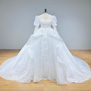 Hire Lnyer High Neck Puff Sleeve Beaded Lace Ball Gown Wedding Dress