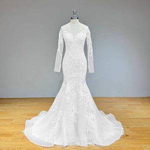 Long Sleeve Mermaid Wedding Dress O Neck Vintage Illusion Back Elegant Bridal Gown