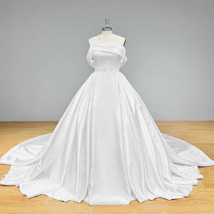 Off the Shoulder High Quality Satin Wedding Dress with Pearls and Appliques