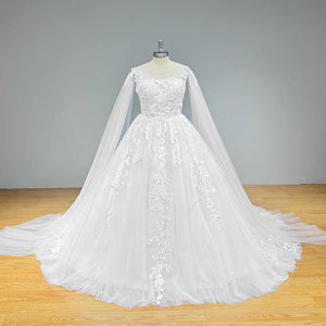 Elegant Backless Ball Gown Wedding Dress with Long Shawl Sleeves and Vintage