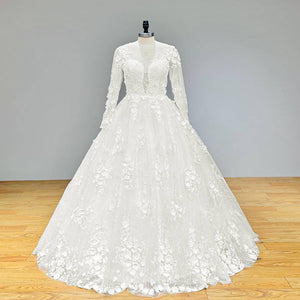 Long Sleeve Back Button Lace Ball Gown Wedding Dress with Floral Details