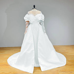 Long Sleeve Mermaid Wedding Dress with Detachable Train and Beading Appliques