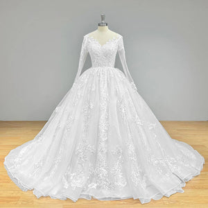 Elegant O-Neck Ball Gown Wedding Dress Long Sleeves Illusion Back Luxury Bridal Gown