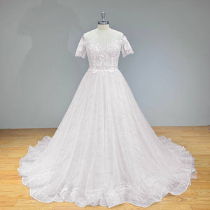 Elegant Short Sleeve A-Line Sequined Wedding Dress with Corset Back