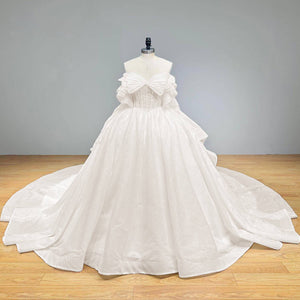 Exquisite Beaded Pearl Ball Gown Wedding Dress with Bow Off the Shoulder Luxury Bridal Gown