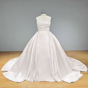 Light Effect Satin Off-Shoulder Ball Gown Wedding Dress with Pearls and Pleated Bodice