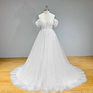 Elegant A-Line Off-Shoulder Wedding Dress with Beading and Appliques