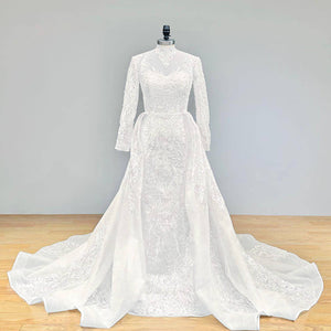 Long Sleeve Mermaid Wedding Dress with Detachable Train Pearls Appliques Luxury