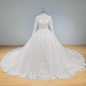 High Neck Long Sleeve Wedding Dress with Buttons Zipper Back Bridal Gown