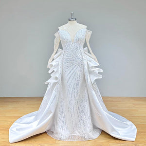 Off Shoulder Long Sleeve Mermaid Wedding Dress with Beads and Detachable Train