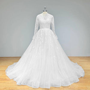 Elegant Tulle A-Line Wedding Dress with Satin Belt and Long Sleeves