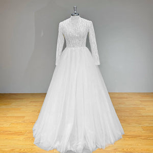 High Neck Tulle A-Line Wedding Dress Zipper Back Vintage Bridal Gown