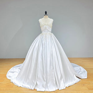 Gorgeous Crystal Satin Ball Gown Wedding Dress with Detachable Straps and Corset Back