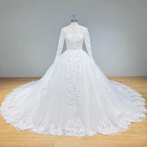 High Neck Long Sleeve Wedding Dress with Buttons Zipper Back Bridal Gown