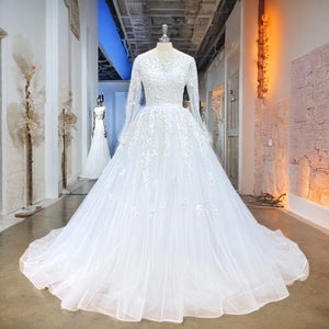 Elegant Tulle A-Line Wedding Dress with Satin Belt and Long Sleeves