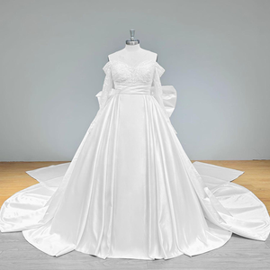 Light Effect Satin Wedding Dress with Chapel Train and Detachable Big Bow