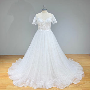 Elegant Short Sleeve A-Line Sequined Wedding Dress with Corset Back