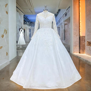 Long Sleeve High Neck Sequined Beaded Wedding Dress Illusion Back Luxury Bridal Gown