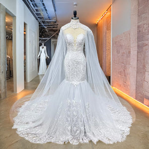 Newest Tulle Mermaid Wedding Dress with Shawl and Sweetheart Neck Luxury Appliques