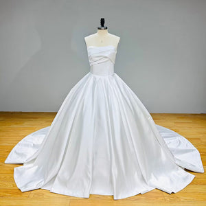 Off the Shoulder Satin Ball Gown Wedding Dress with Lace Up Beading and Pearls