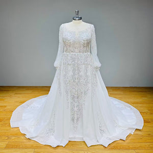 Long Sleeve Ball Gown Wedding Dress with Sequins Beading Lace and Corset Back