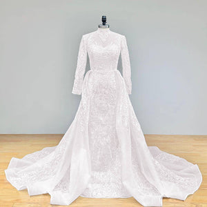 Long Sleeve Mermaid Wedding Dress with Detachable Train Pearls Appliques Luxury